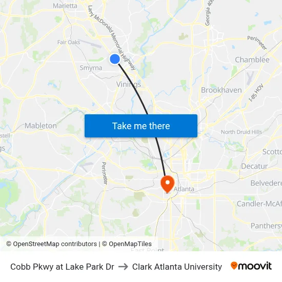 Cobb Pkwy at Lake Park Dr to Clark Atlanta University map