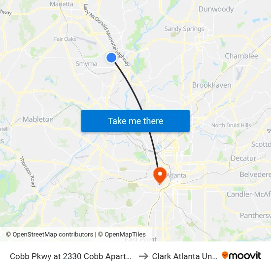 Cobb Pkwy at 2330 Cobb Apartment Homes to Clark Atlanta University map