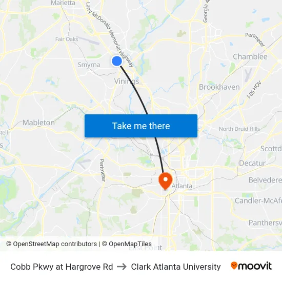 Cobb Pkwy at Hargrove Rd to Clark Atlanta University map