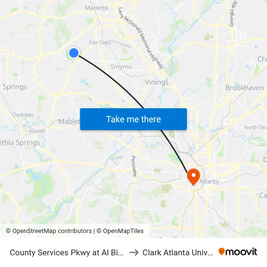 County Services Pkwy at Al Bishop Dr to Clark Atlanta University map
