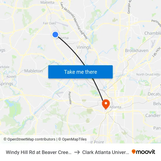 Windy Hill Rd at Beaver Creek Rd to Clark Atlanta University map