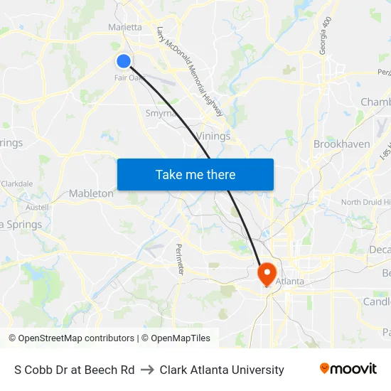 S Cobb Dr at Beech Rd to Clark Atlanta University map