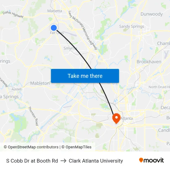 S Cobb Dr at Booth Rd to Clark Atlanta University map