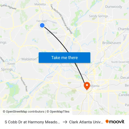 S Cobb Dr at Harmony Meadows Apts to Clark Atlanta University map