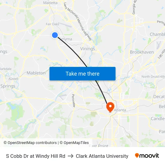 S Cobb Dr at Windy Hill Rd to Clark Atlanta University map