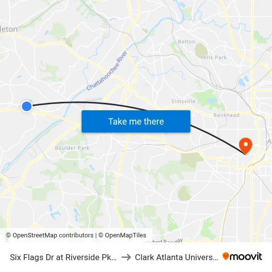 Six Flags Dr at Riverside Pkwy to Clark Atlanta University map