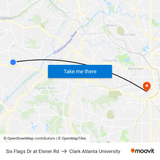 Six Flags Dr at Elsner Rd to Clark Atlanta University map