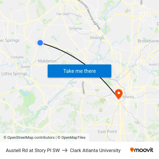 Austell Rd at Story Pl SW to Clark Atlanta University map