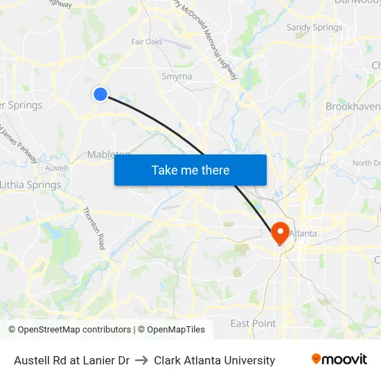 Austell Rd at Lanier Dr to Clark Atlanta University map