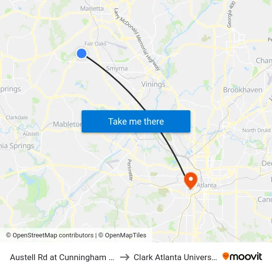 Austell Rd at Cunningham Rd to Clark Atlanta University map