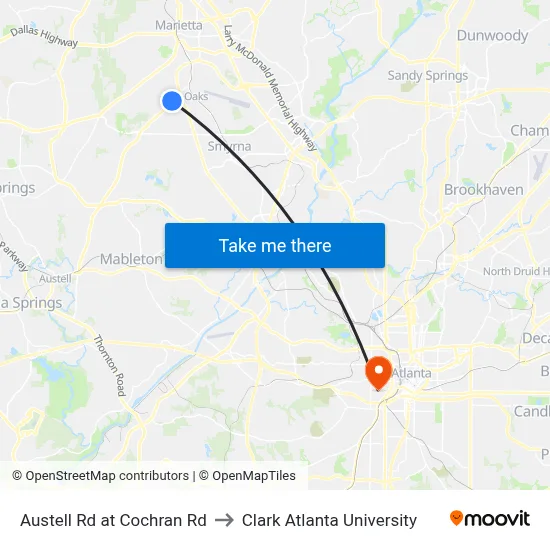 Austell Rd at Cochran Rd to Clark Atlanta University map