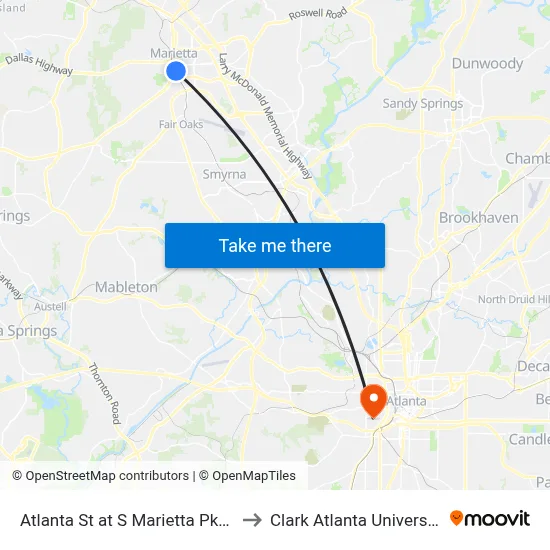 Atlanta St at S Marietta Pkwy to Clark Atlanta University map