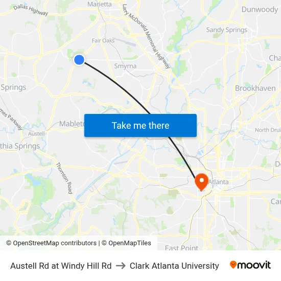 Austell Rd at Windy Hill Rd to Clark Atlanta University map