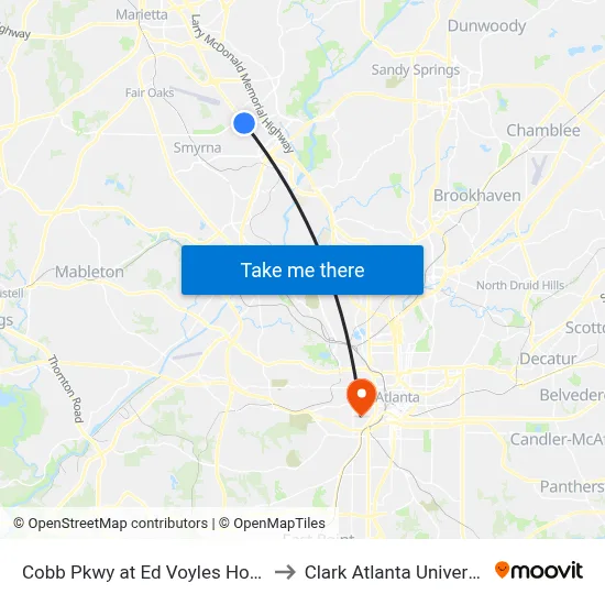 Cobb Pkwy at Ed Voyles Honda to Clark Atlanta University map