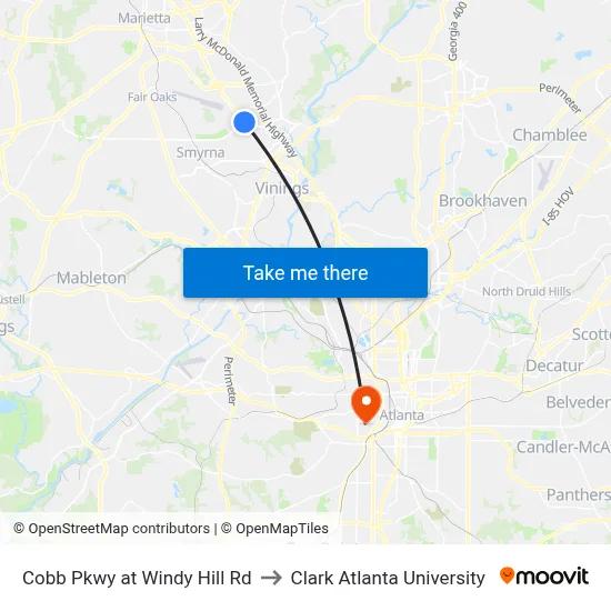 Cobb Pkwy at Windy Hill Rd to Clark Atlanta University map