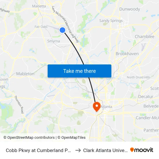 Cobb Pkwy at Cumberland Point Dr to Clark Atlanta University map