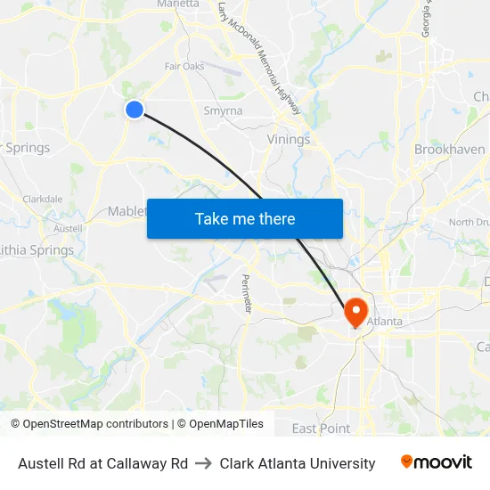 Austell Rd at Callaway Rd to Clark Atlanta University map