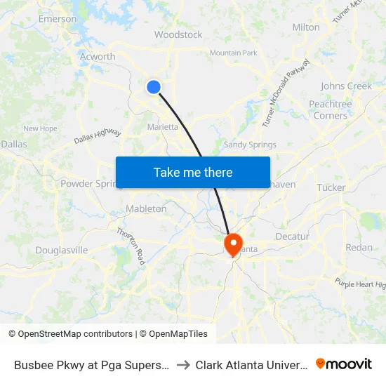 Busbee Pkwy at Pga Superstore to Clark Atlanta University map