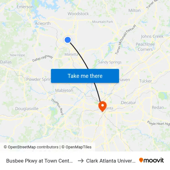 Busbee Pkwy at Town Center Dr to Clark Atlanta University map