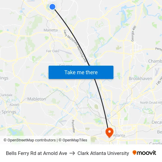 Bells Ferry Rd at Arnold Ave to Clark Atlanta University map