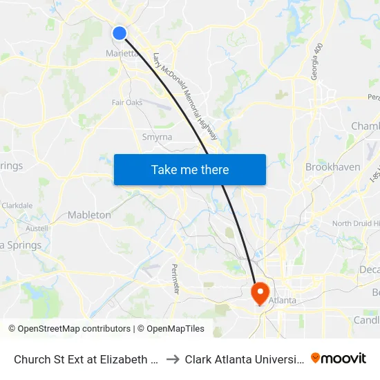 Church St Ext at Elizabeth St to Clark Atlanta University map
