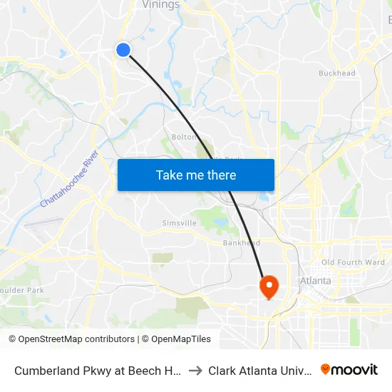 Cumberland Pkwy at Beech Haven Tr to Clark Atlanta University map