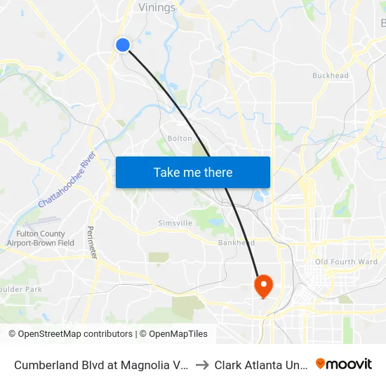 Cumberland Blvd at Magnolia Vinings Apts to Clark Atlanta University map