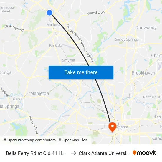 Bells Ferry Rd at Old 41 Hwy to Clark Atlanta University map