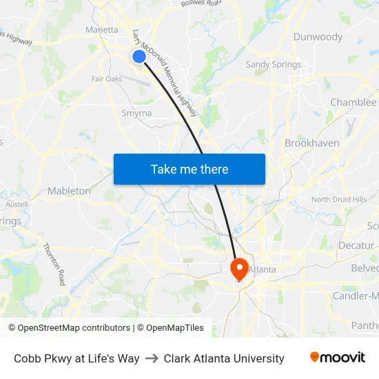 Cobb Pkwy at Life's Way to Clark Atlanta University map