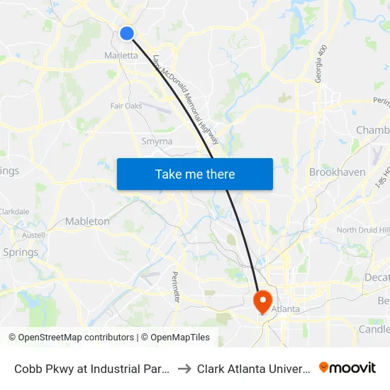 Cobb Pkwy at Industrial Park Dr to Clark Atlanta University map