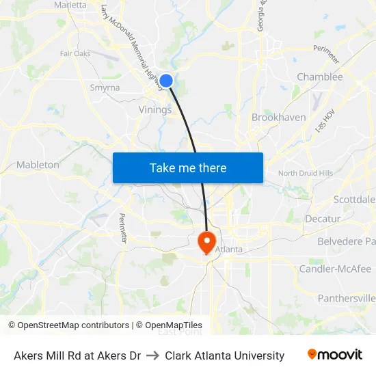 Akers Mill Rd at Akers Dr to Clark Atlanta University map