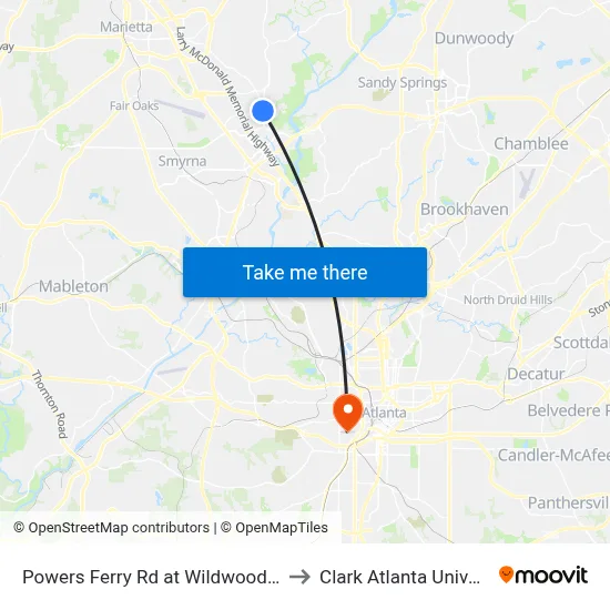 Powers Ferry Rd at Wildwood Pkwy to Clark Atlanta University map