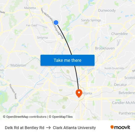 Delk Rd at Bentley Rd to Clark Atlanta University map