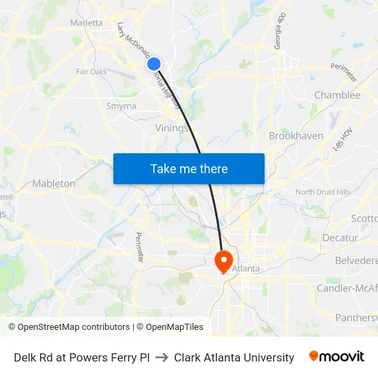Delk Rd at Powers Ferry Pl to Clark Atlanta University map
