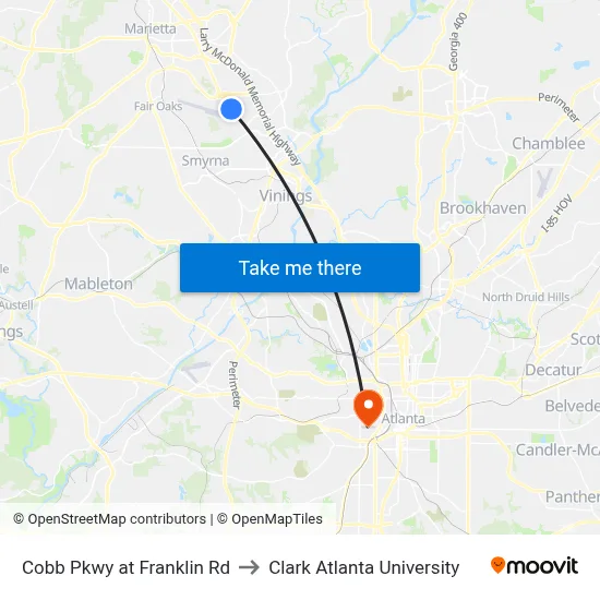 Cobb Pkwy at Franklin Rd to Clark Atlanta University map