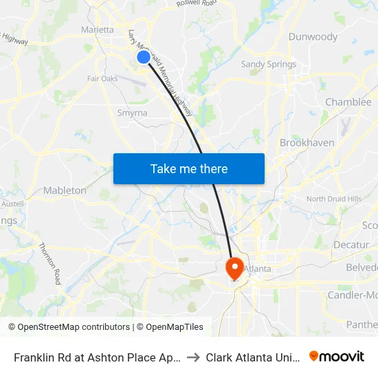 Franklin Rd at Ashton Place Apartments to Clark Atlanta University map