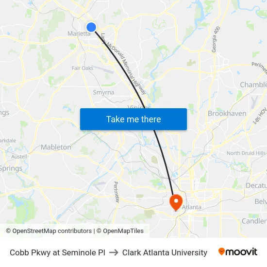 Cobb Pkwy at Seminole Pl to Clark Atlanta University map