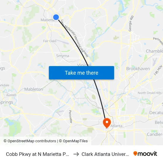 Cobb Pkwy at N Marietta Pkwy to Clark Atlanta University map