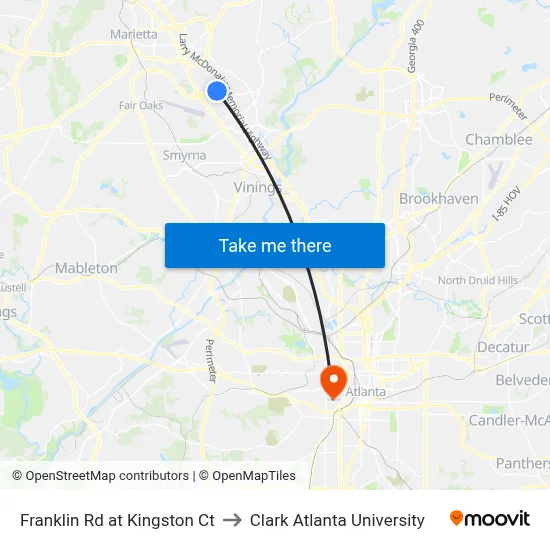 Franklin Rd at Kingston Ct to Clark Atlanta University map