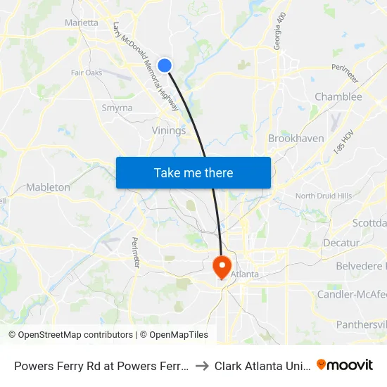 Powers Ferry Rd at Powers Ferry Common to Clark Atlanta University map