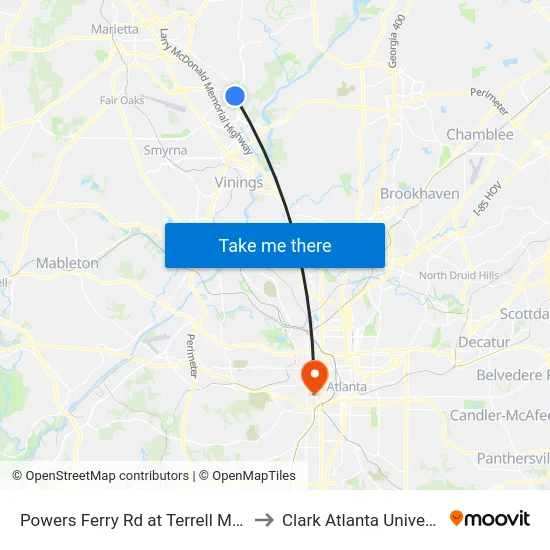 Powers Ferry Rd at Terrell Mill Rd to Clark Atlanta University map