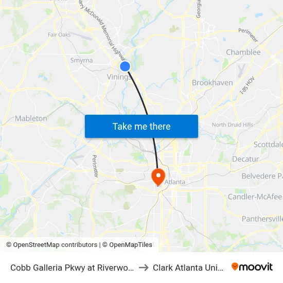 Cobb Galleria Pkwy at Riverwood Pkwy to Clark Atlanta University map