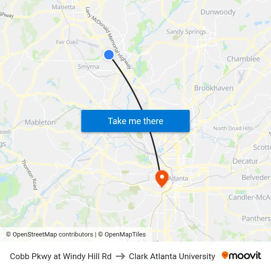 Cobb Pkwy at Windy Hill Rd to Clark Atlanta University map