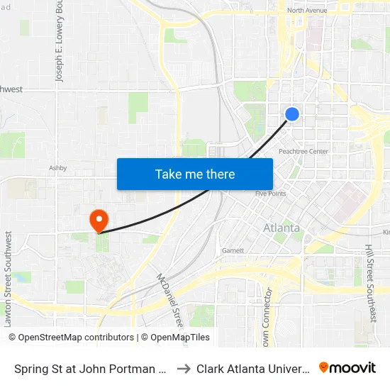 Spring St at John Portman Blvd to Clark Atlanta University map