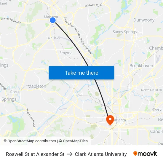 Roswell St at Alexander St to Clark Atlanta University map