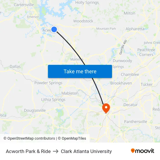 Acworth Park & Ride to Clark Atlanta University map