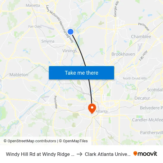 Windy Hill Rd at Windy Ridge Pkwy to Clark Atlanta University map