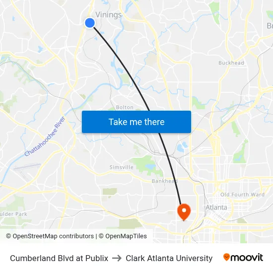 Cumberland Blvd at Publix to Clark Atlanta University map