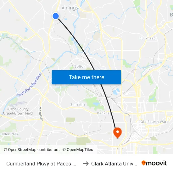 Cumberland Pkwy at Paces Walk SE to Clark Atlanta University map