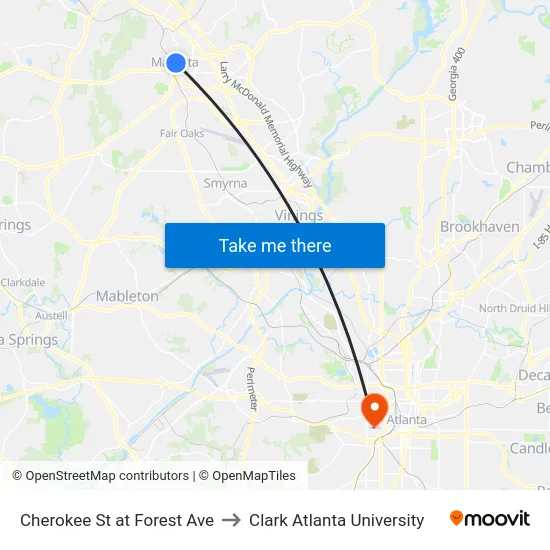 Cherokee St at Forest Ave to Clark Atlanta University map